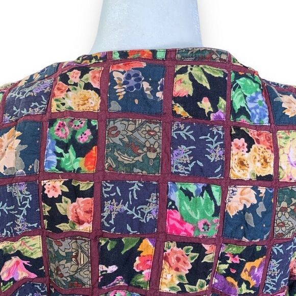 Vintage 90s Vest Multicolor Dark Floral Patchwork Checkered Tie Waistcoat Medium - Picture 3 of 10